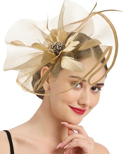 Tea Party Fascinator Hats for Womens 50s Floral Feather Headwear Earthy Yellow