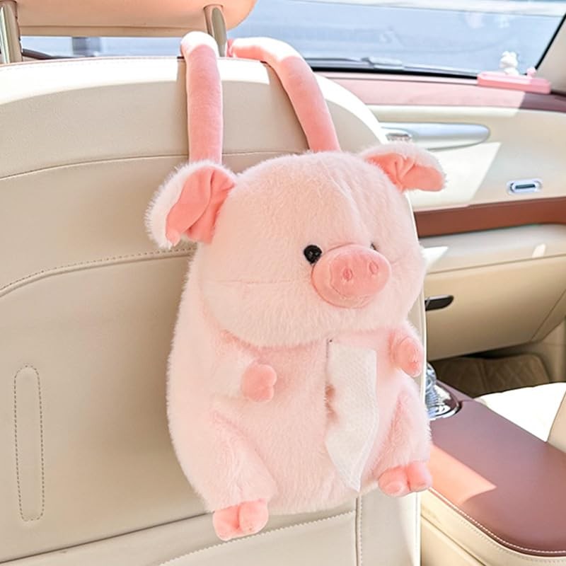 Plush Pig Tissue Box Holder for Car, Cute Organizer with Buckle, Napkin Cover