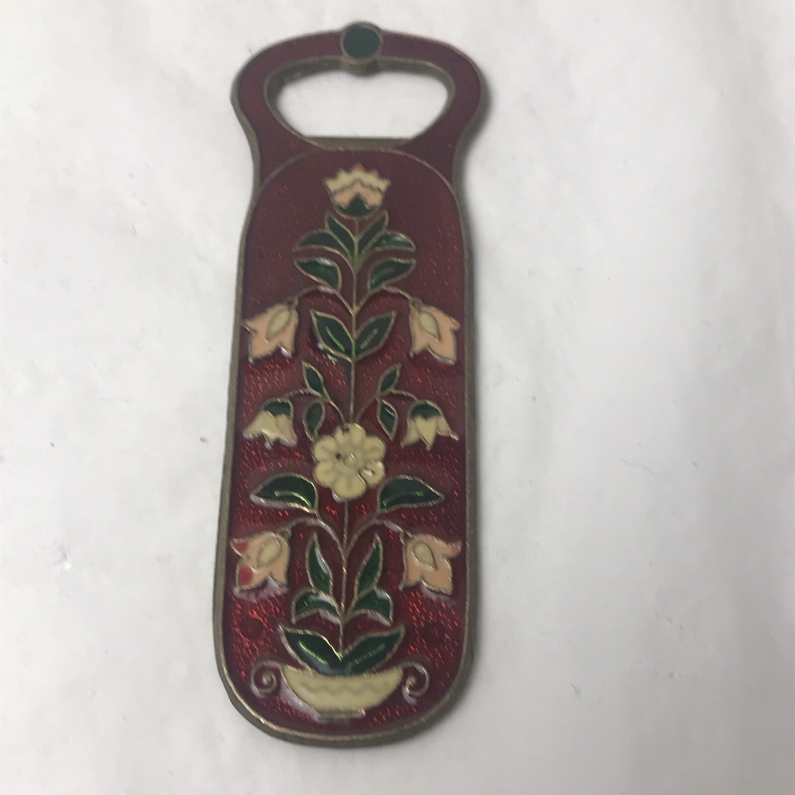 Vintage Greek Red Floral Cloisonne Bottle Opener Double Sided Bronze 5" Greece