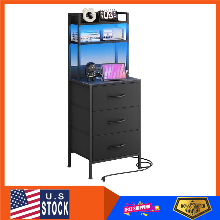 41 Inch Tall Nightstand w Charging Station, Led Night Stand w USB, 3 PU Storage