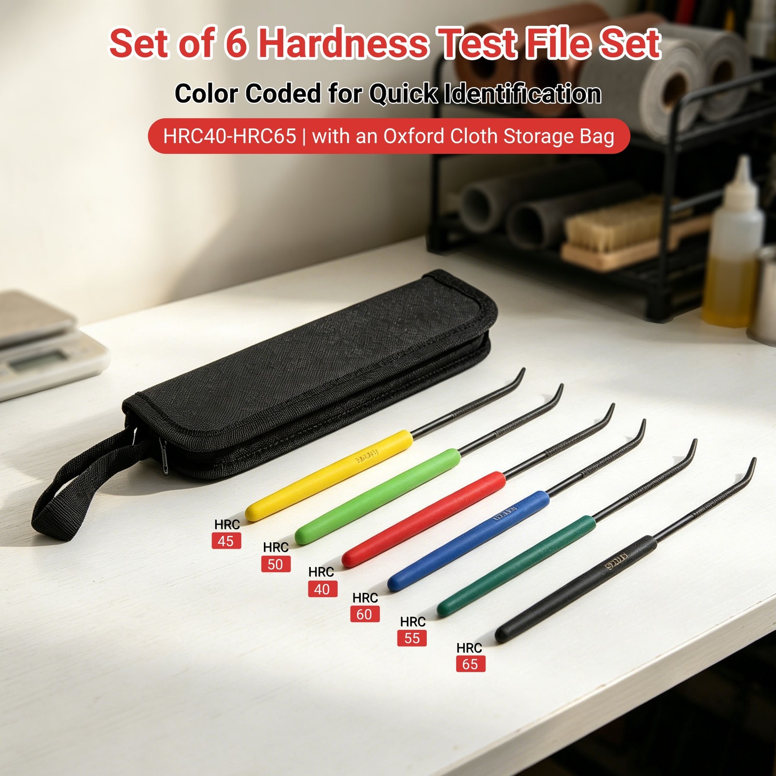 6 Piece Hardness Tester File Set HRC40-65,7.1 inch Hardness Tester File with Bag