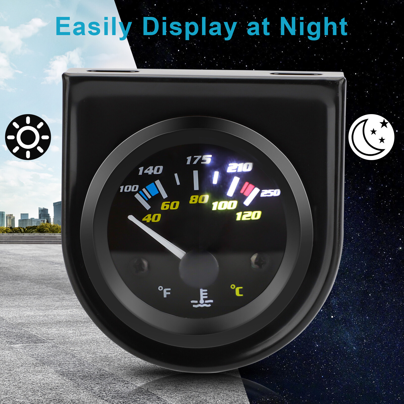 2" 52mm Pointer Car Water Temp Temperature Gauge 100-250℉ W/ Sensor Rack Black