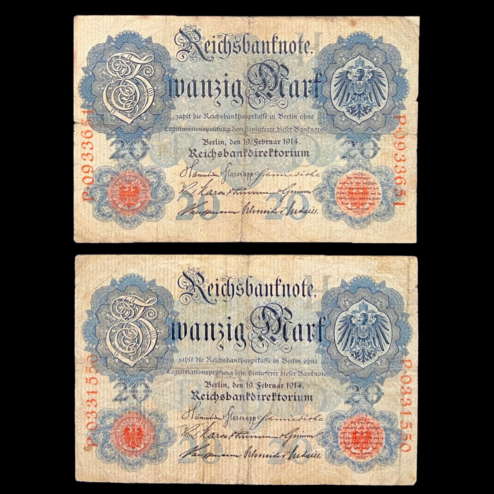 2x 1914 German 20 Mark Banknote WW1 WWI Military Inflation Fascist Kaiser War