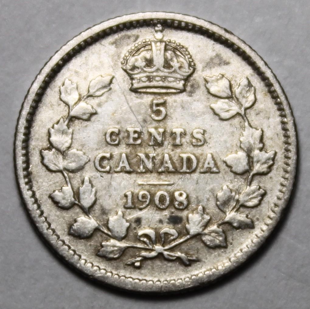 Canada 1908 Large Date Silver 5 Cents (C337)
