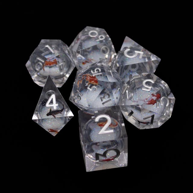Koi Fish Liquid Core Sharp Edge Polyhedral Dice Set 7pc TTRPG D&D Silver Ink