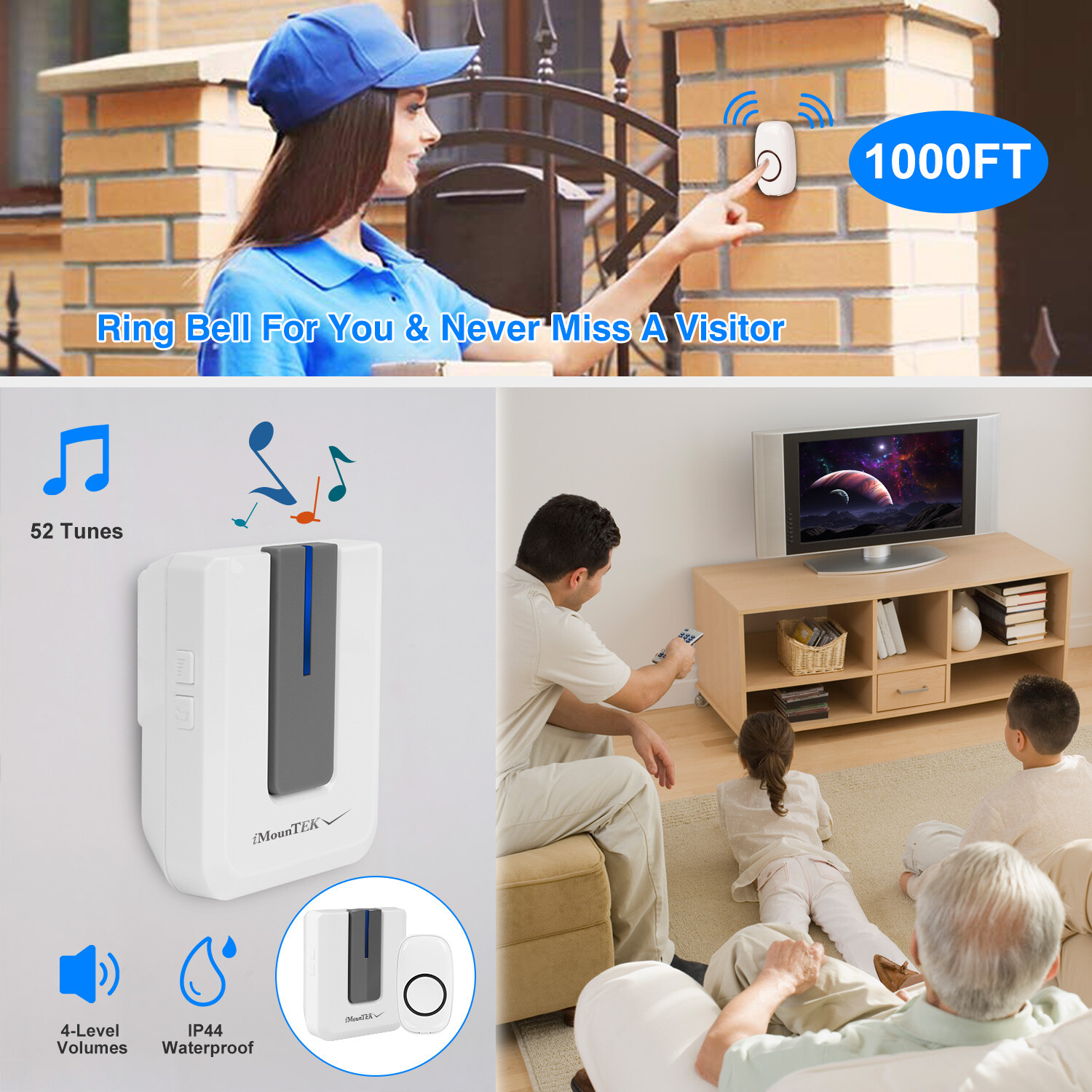 LED 4 Volume 1000FT Wireless Doorbell Chime [1 Plugin Receiver + 1 Transmitter]*