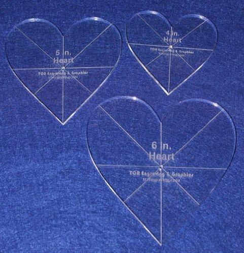 Heart Template 3 Piece Set. 4,5,6 Inches - Clear 1/4" Thick w/ guidelines