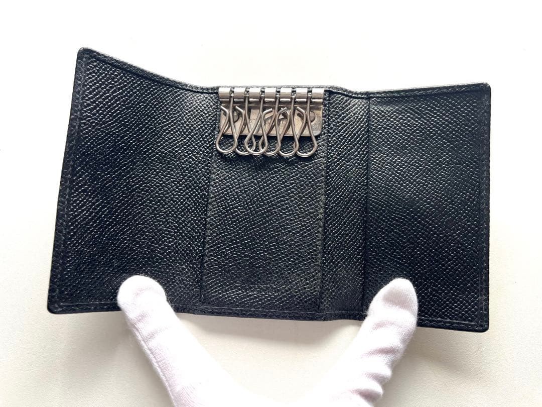 BVLGARI 6 Key Holder Black Leather Logo Ring Italy Wallet Case