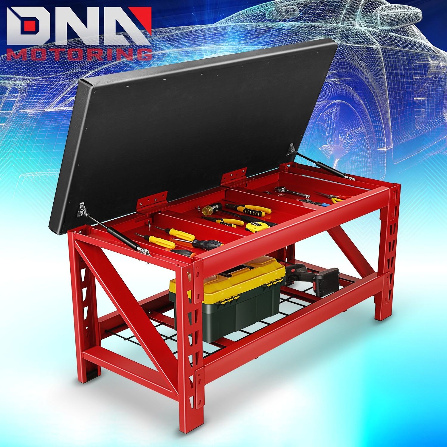 Steel Workshop Garage Bench w/ 40" Flip Up Foam Seat & Wire Grid Storage Shelf