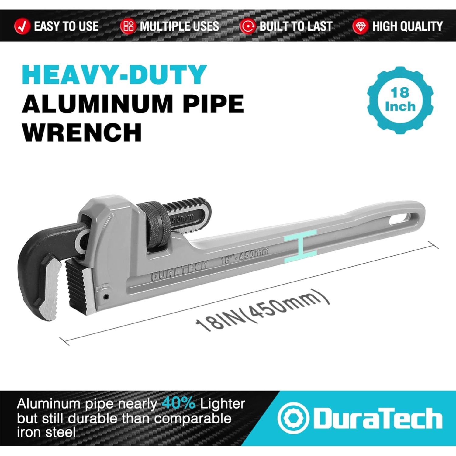 18-inch Heavy Duty Aluminum Straight Pipe Wrench, Adjustable Plumbing Wrench,...