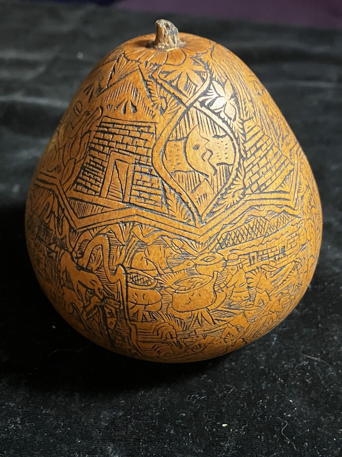 Peruvian Intricate Hand Fine Carved Etched Gourd Rattle Peruvian Culture Scenes