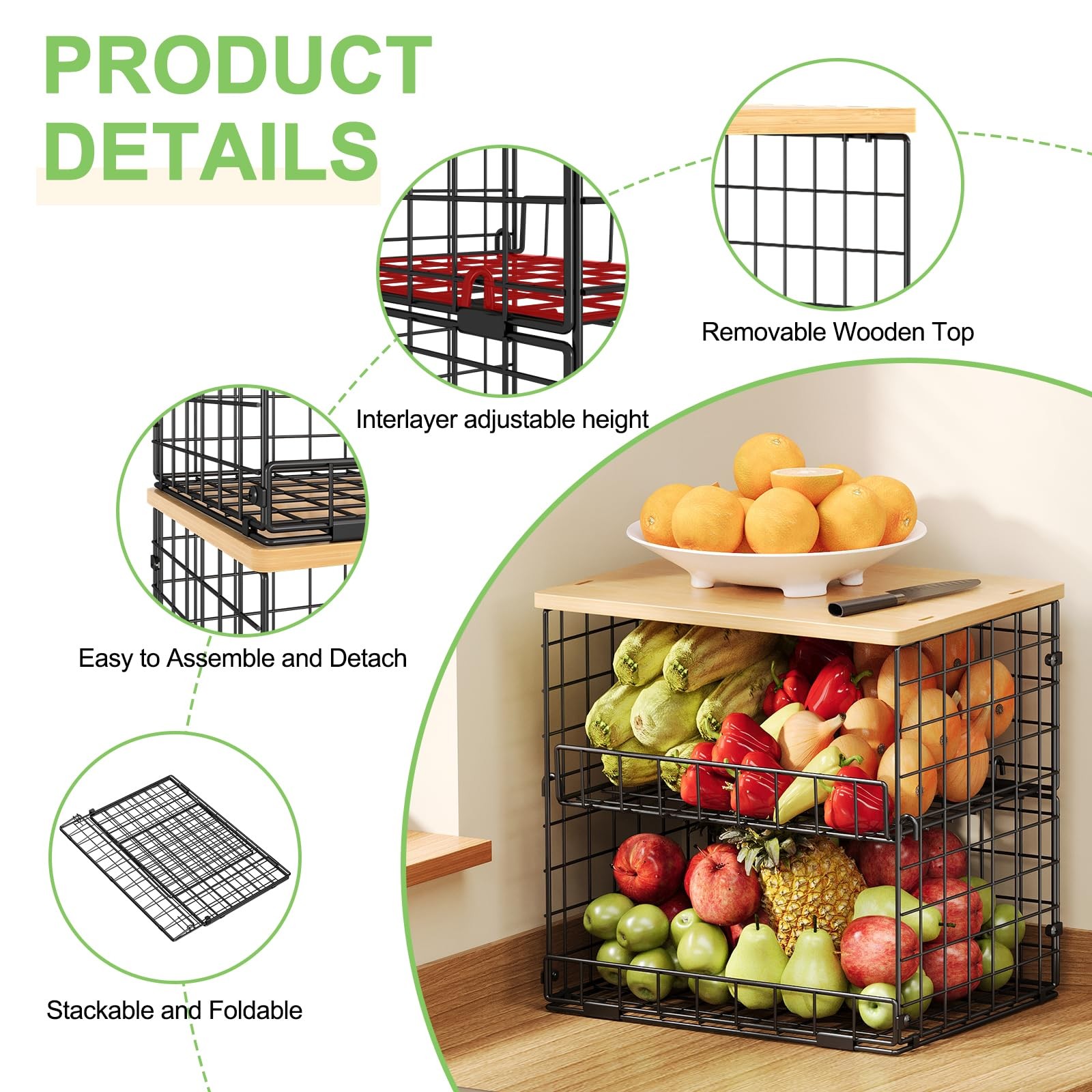 Best 4 Pack Stackable Wire Baskets for Pantry Organizers and Storage, with Fixed