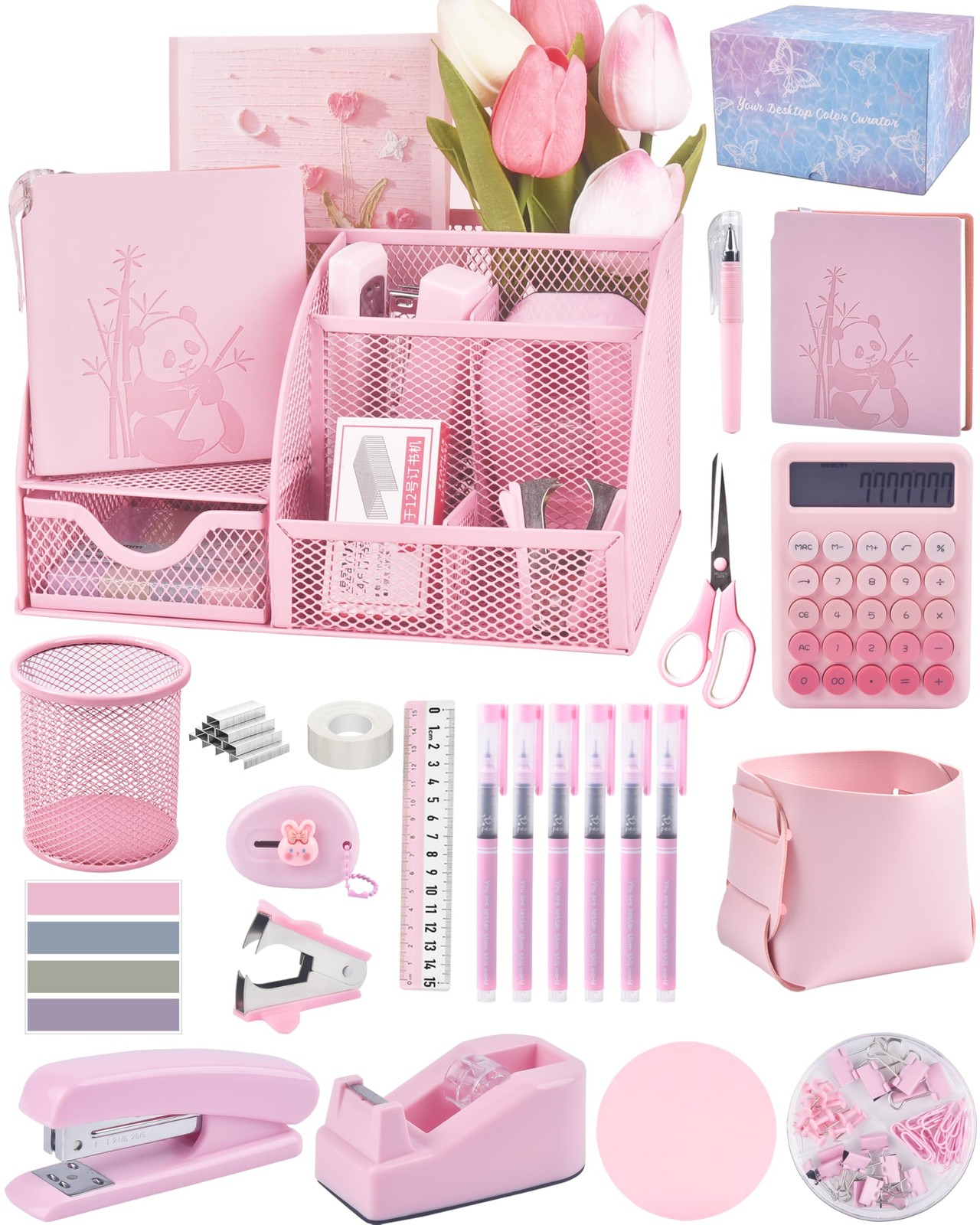23pc Pink Desk Accessories and Organizers with Mesh Organizer Stapler Tape Di...