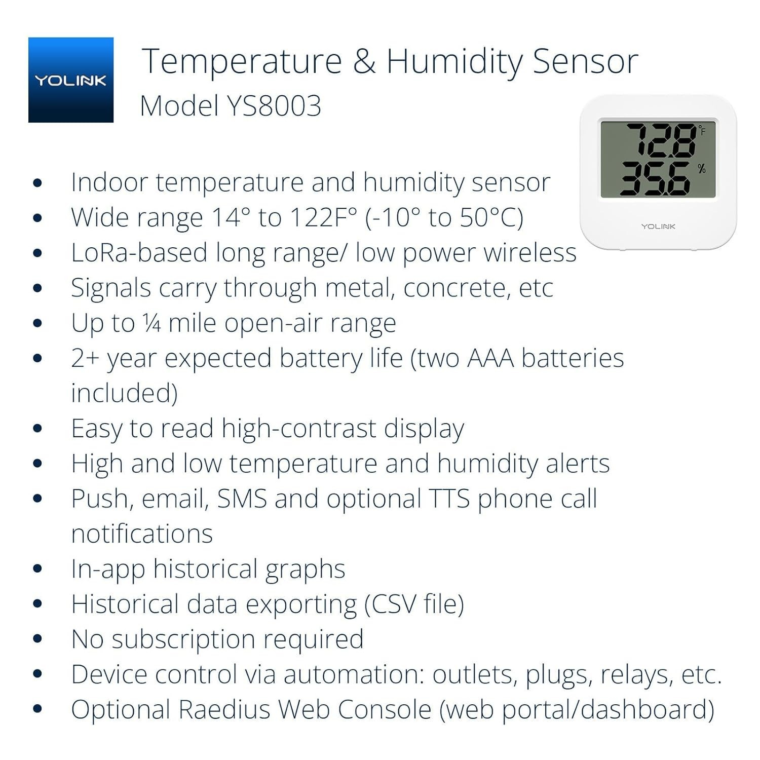 Wide Range Wireless Temp & Humidity Sensor with App Alerts - Hub Required