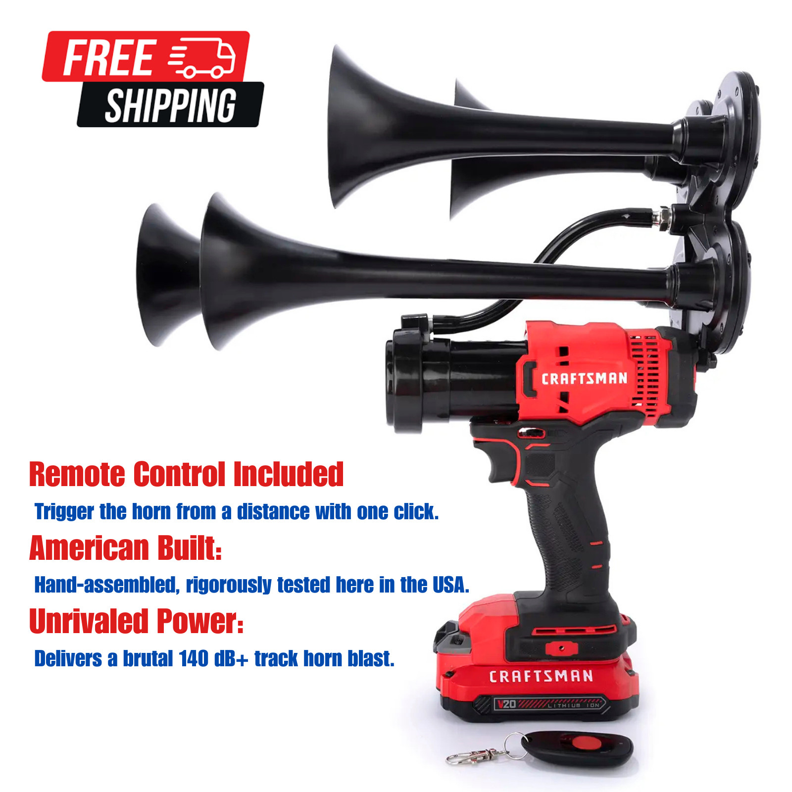 Craftsman 20V Quad Train Air Horn 4 Black Metal Trumpets Remote Control