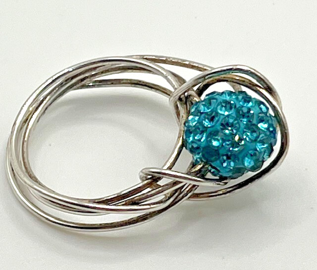 Artist Made Silver Wire Wrap Ring With Faceted Teal Bead Modern Size 8.5