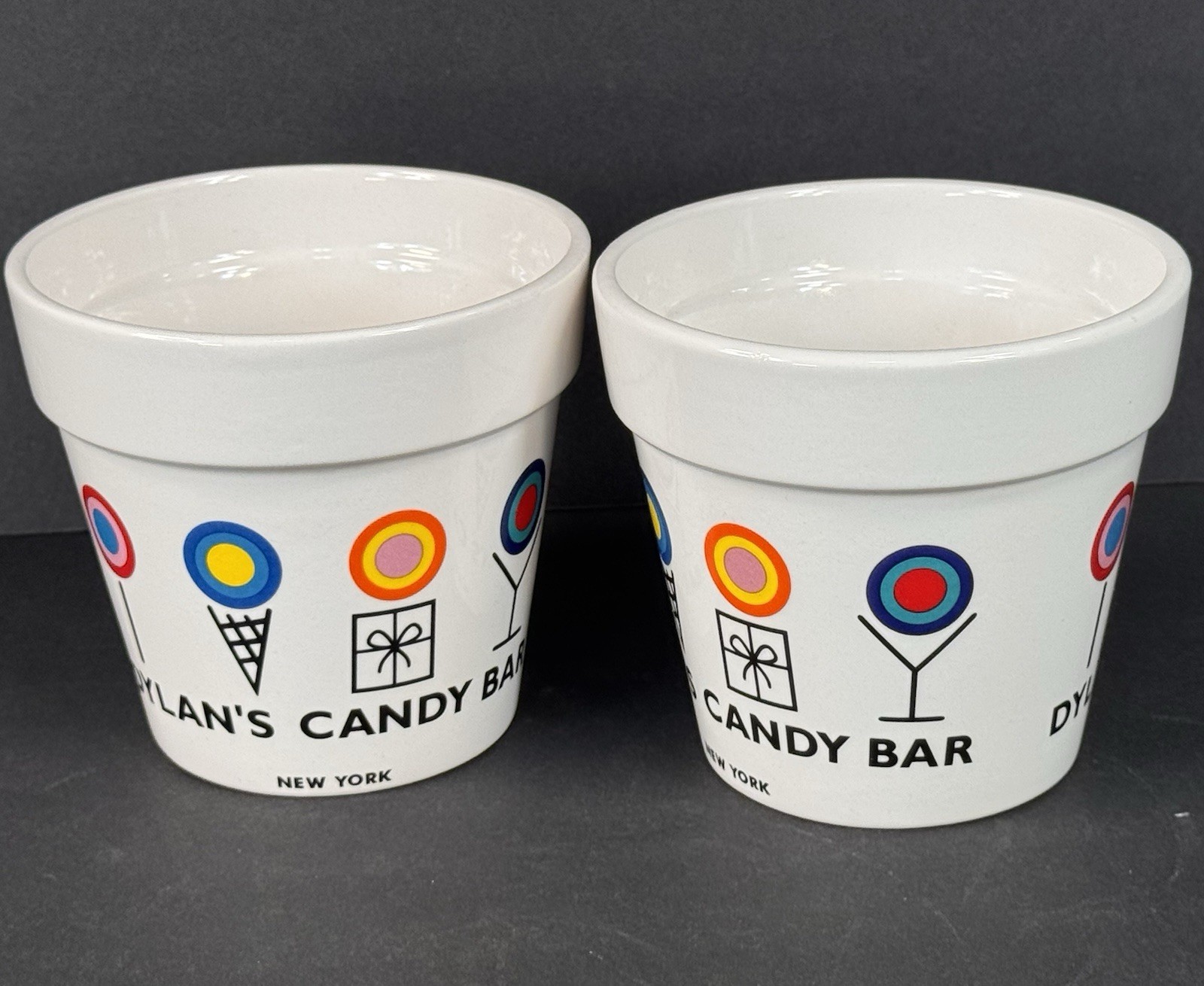Set 2 Dylan’s Candy Bar Ceramic Flower Pot Planters White Colorful Logo