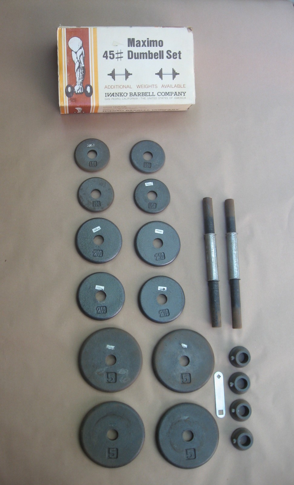 Vintage IVANKO 45# Dumbell Set 4x5lb 4x2.5lb 4x1.25 Plates MAXIMO w/ Box & Tool