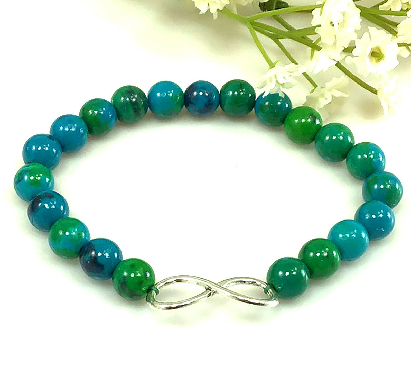 Blue Chrysocolla beaded bracelet with infinity pendant healing stretch gemstone