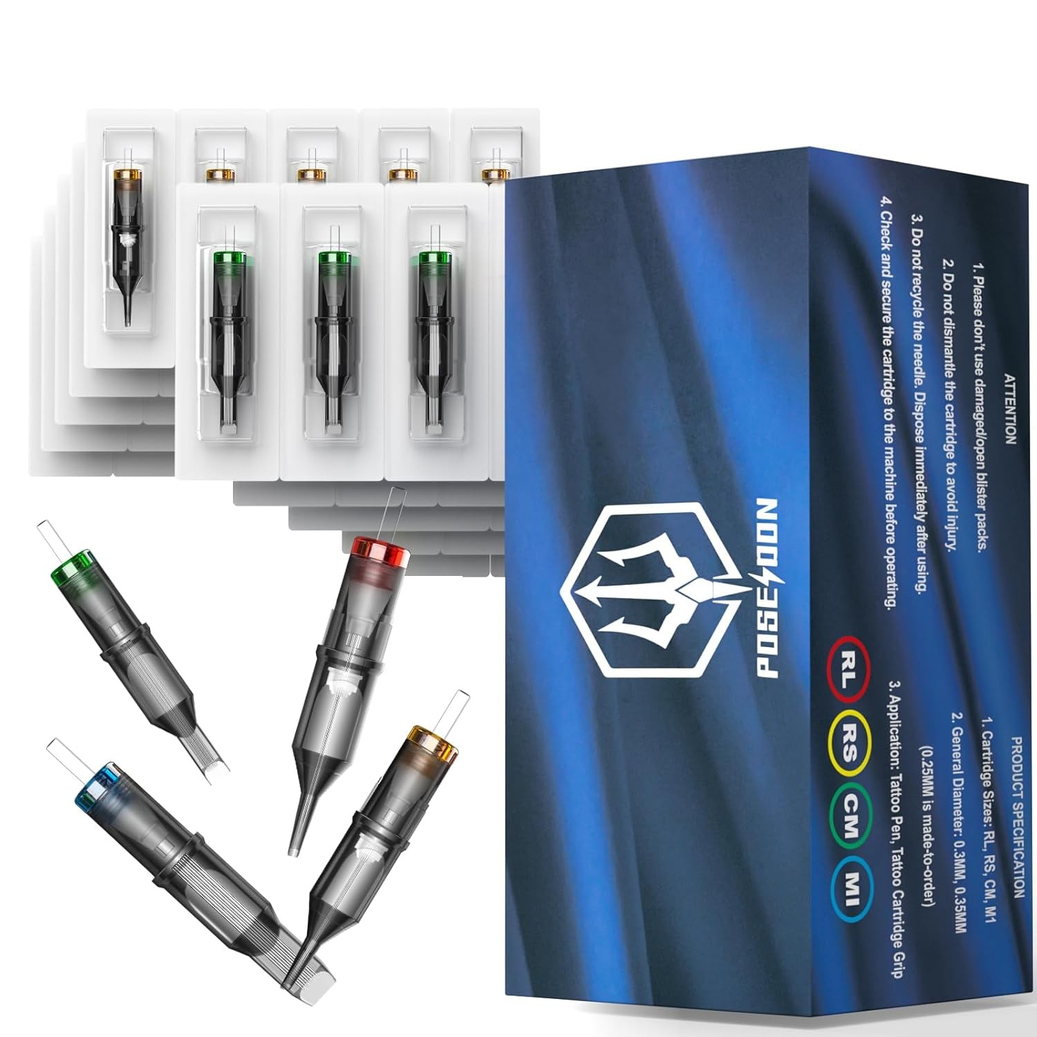 Poseidon Tattoo Cartridge Needles 50Pcs Assorted Mixed Size Round Liner 10
