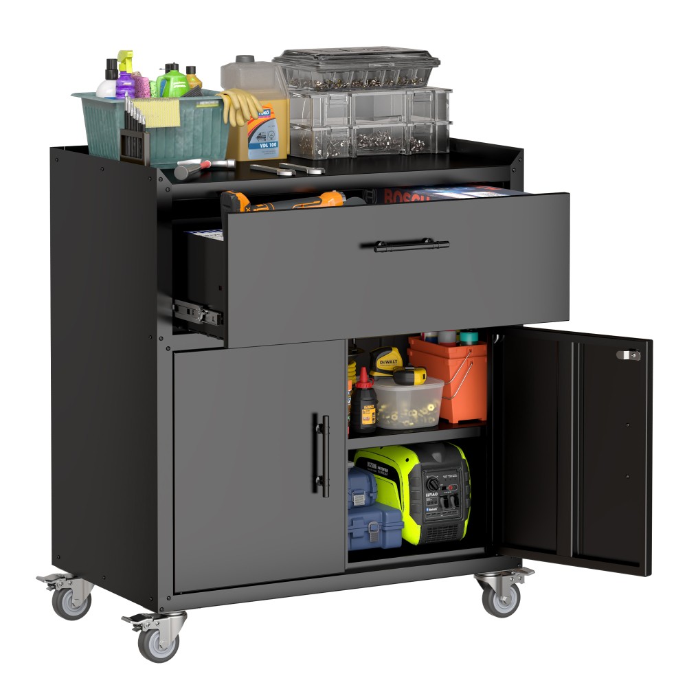 Lockable Garage Storage Cabinet,Metal Rolling Tool Chest with 2 Door & 1 Drawer