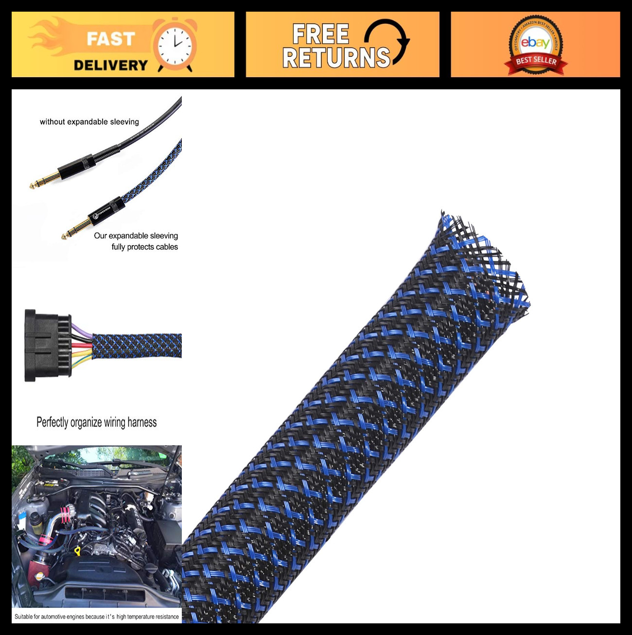 100ft 1/4" Expandable Braided Cable Sleeving - Black & Blue PET Wire Wrap