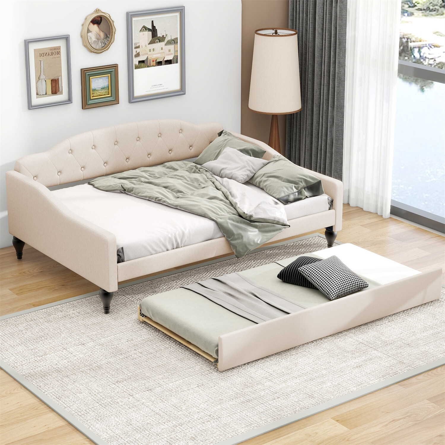 Full Size Daybed w/ Pull Out Trundle Bed Upholstered Bed Frame Sofa Bed Beige