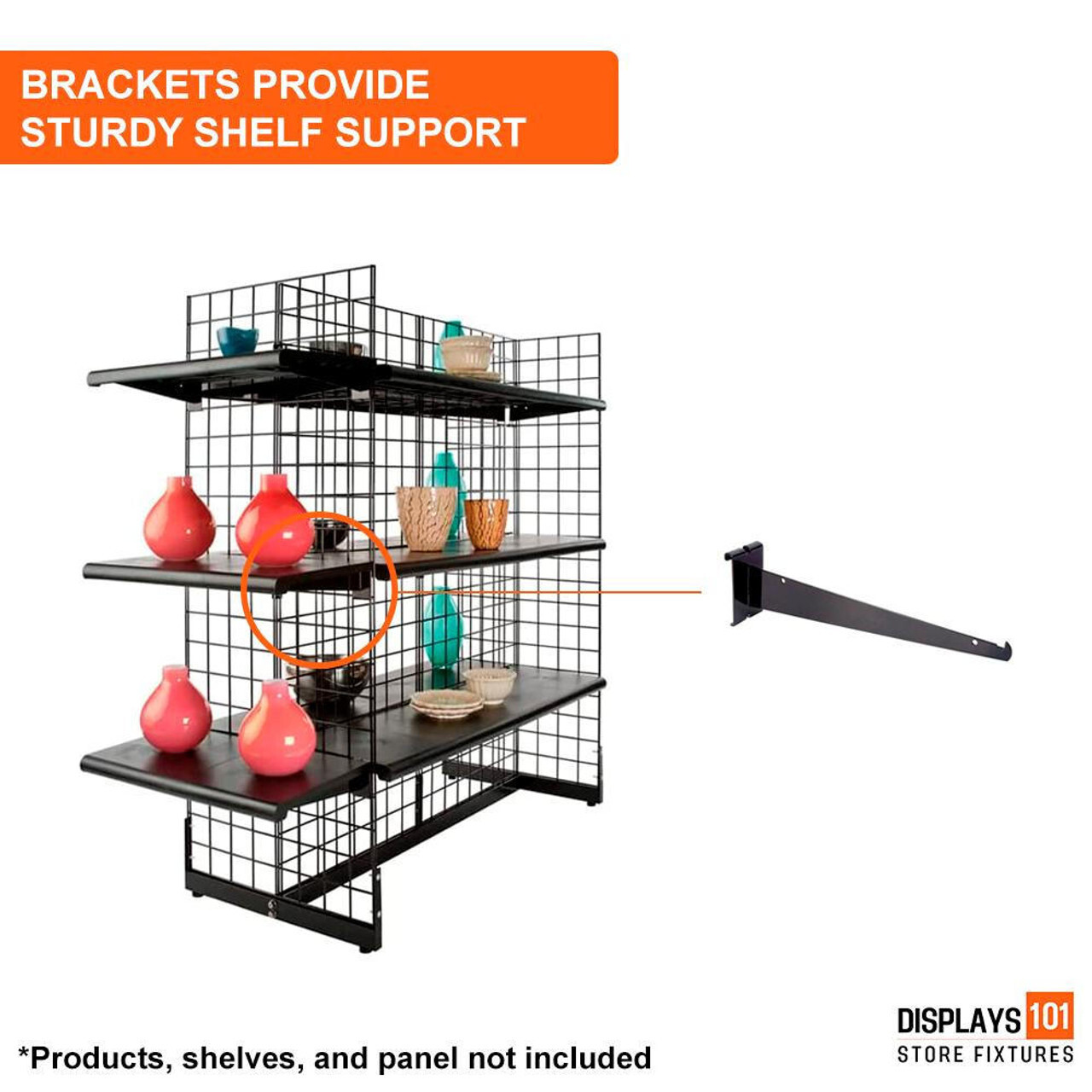 New 10" Gridwall Black Knife Shelf Brackets With Lip