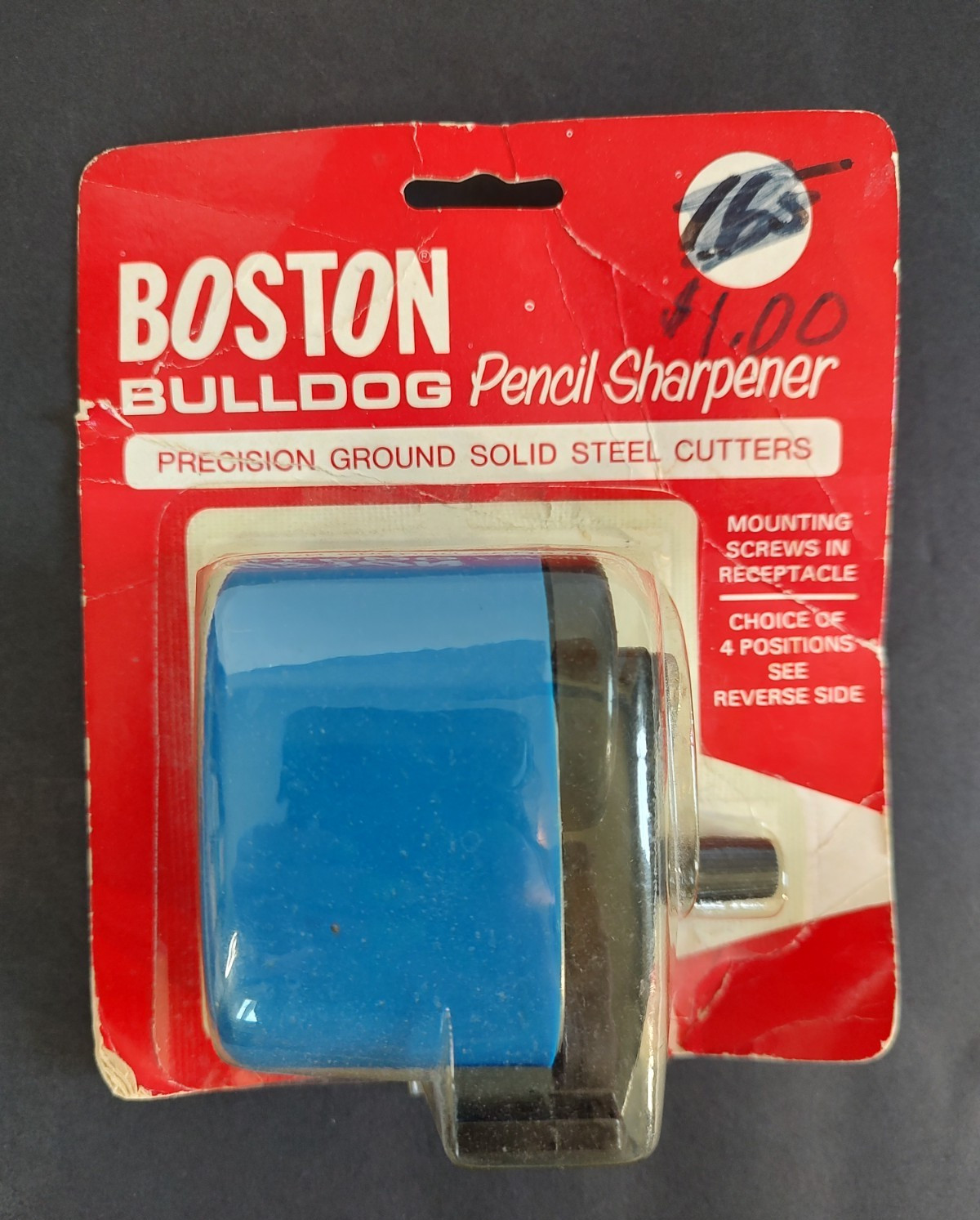 NEW Vintage Boston Bulldog Pencil Sharpener Blue 60s/70s Sealed Mounting Screws