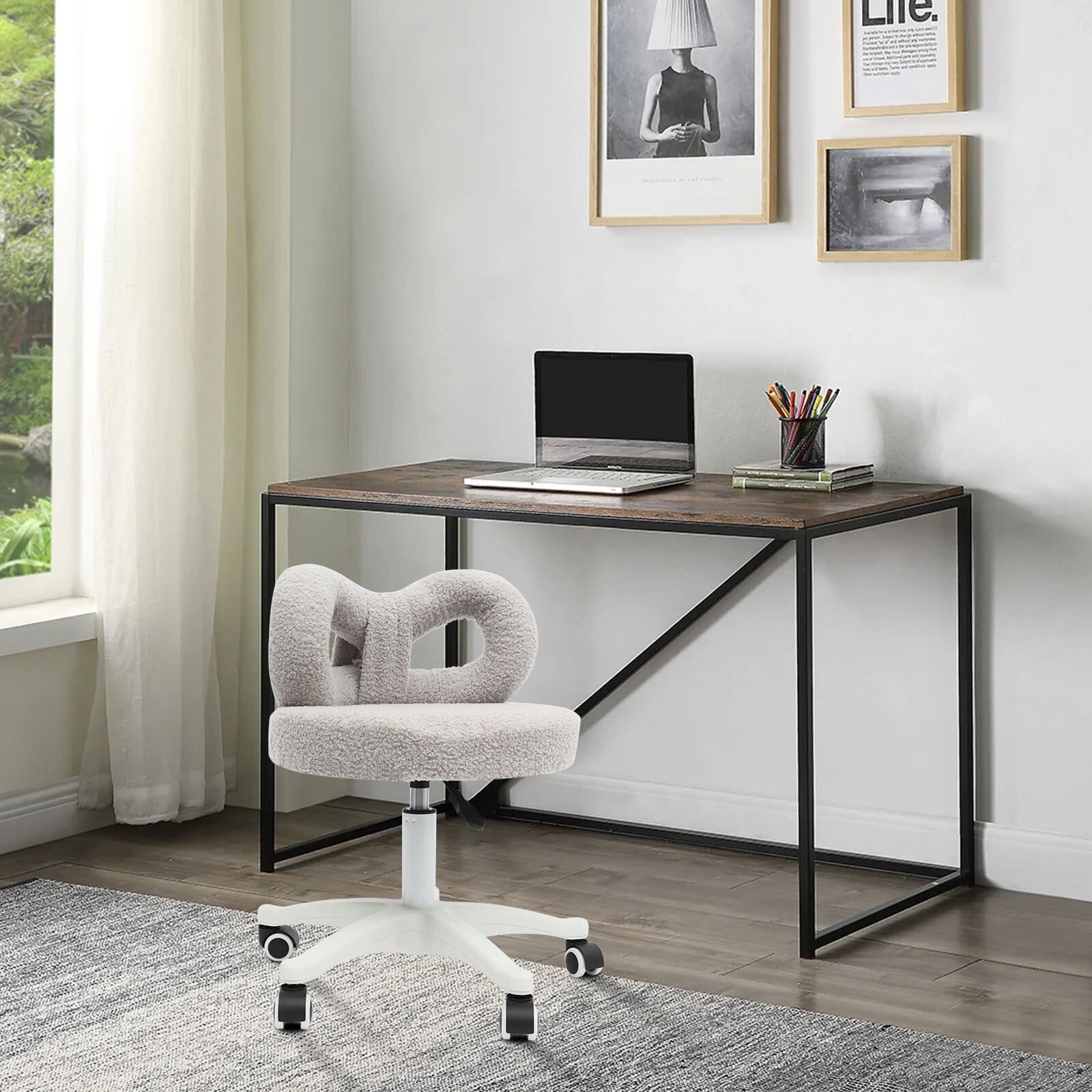 Lambswool Bow Back Desk Chair, Grey Swivel Rolling Vanity Stool, Height Adjust