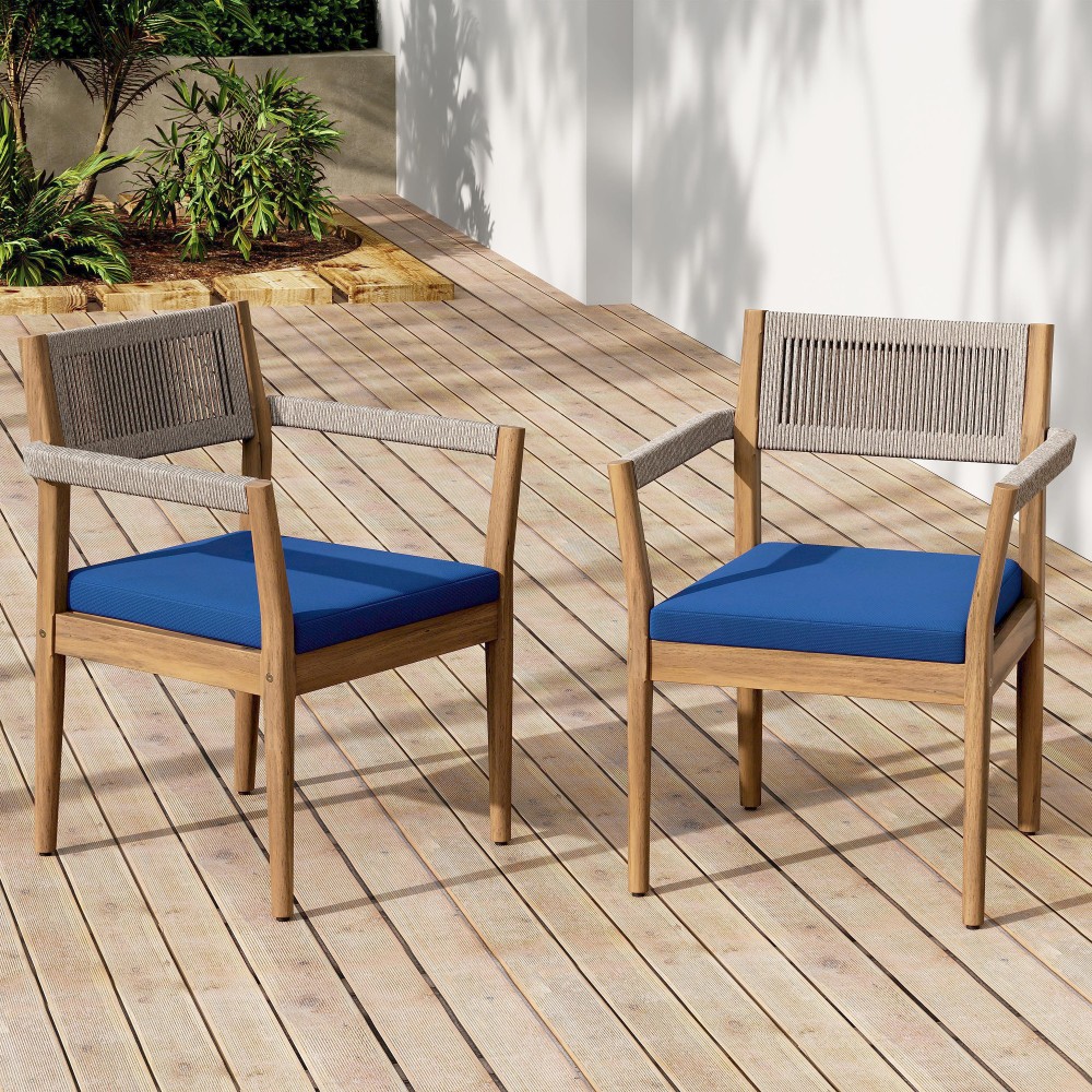 2 Acacia Wood Patio Chairs with Navy Blue All-Weather Cushions
