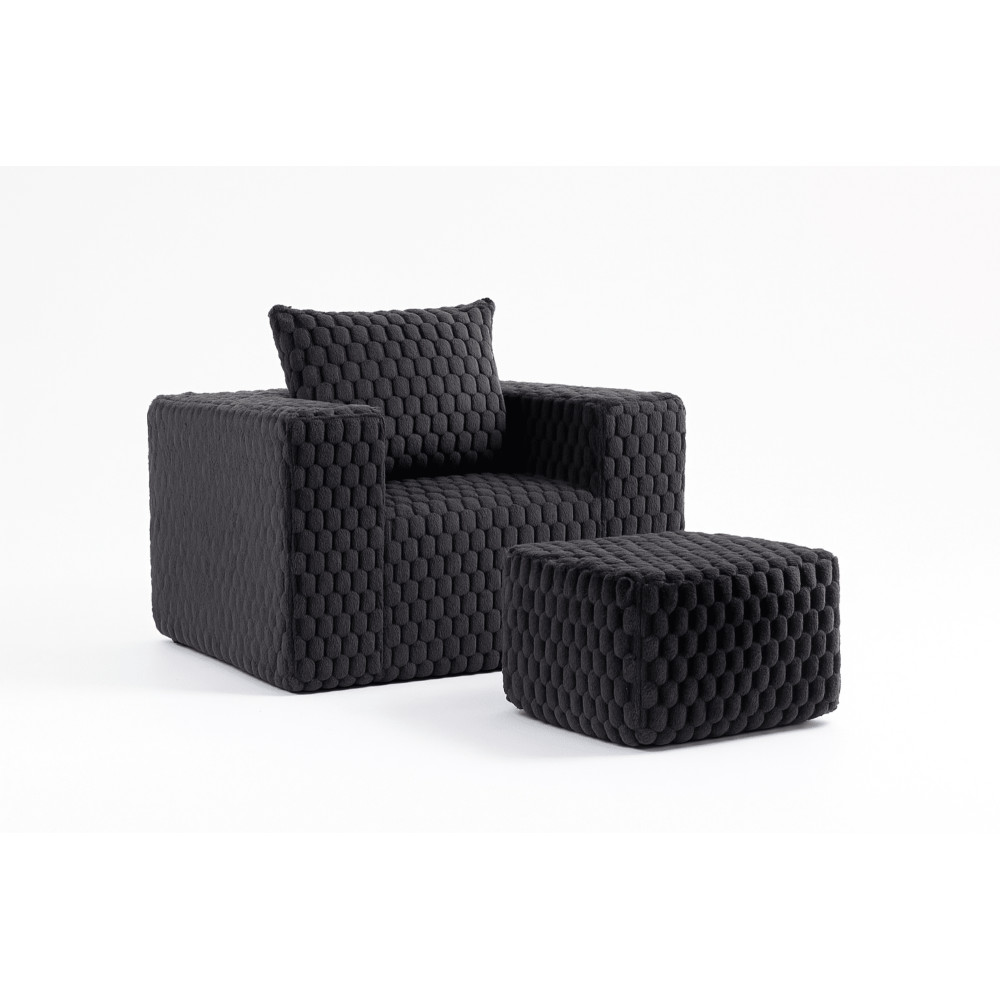 Corduroy Lounge Chair with Ottoman, High Back Sofa, Pillow, No Assembly