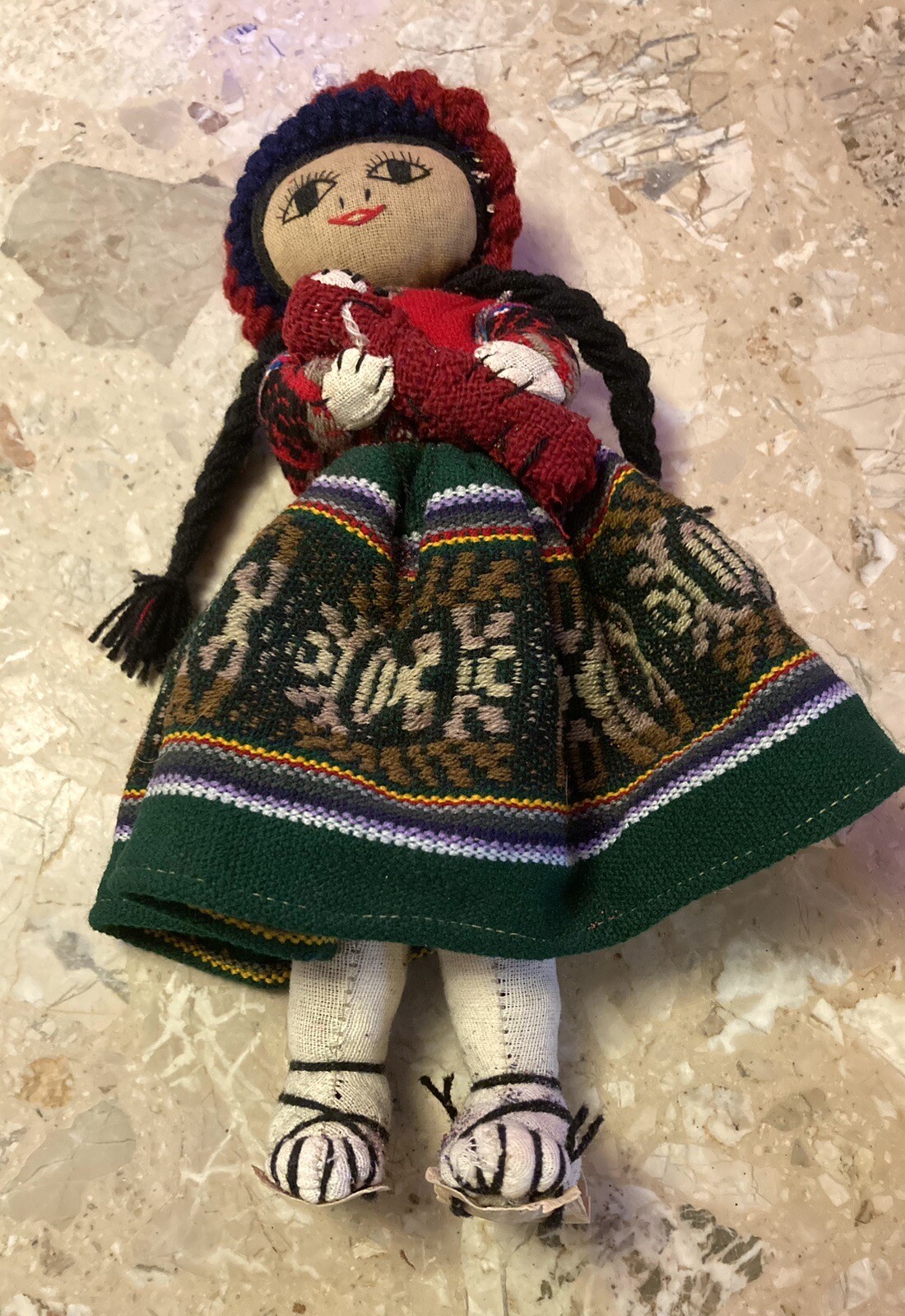 Vintage Peruvian Hand Made Folk Cloth Rag Doll Mom w Baby Peru Detailed Sandals