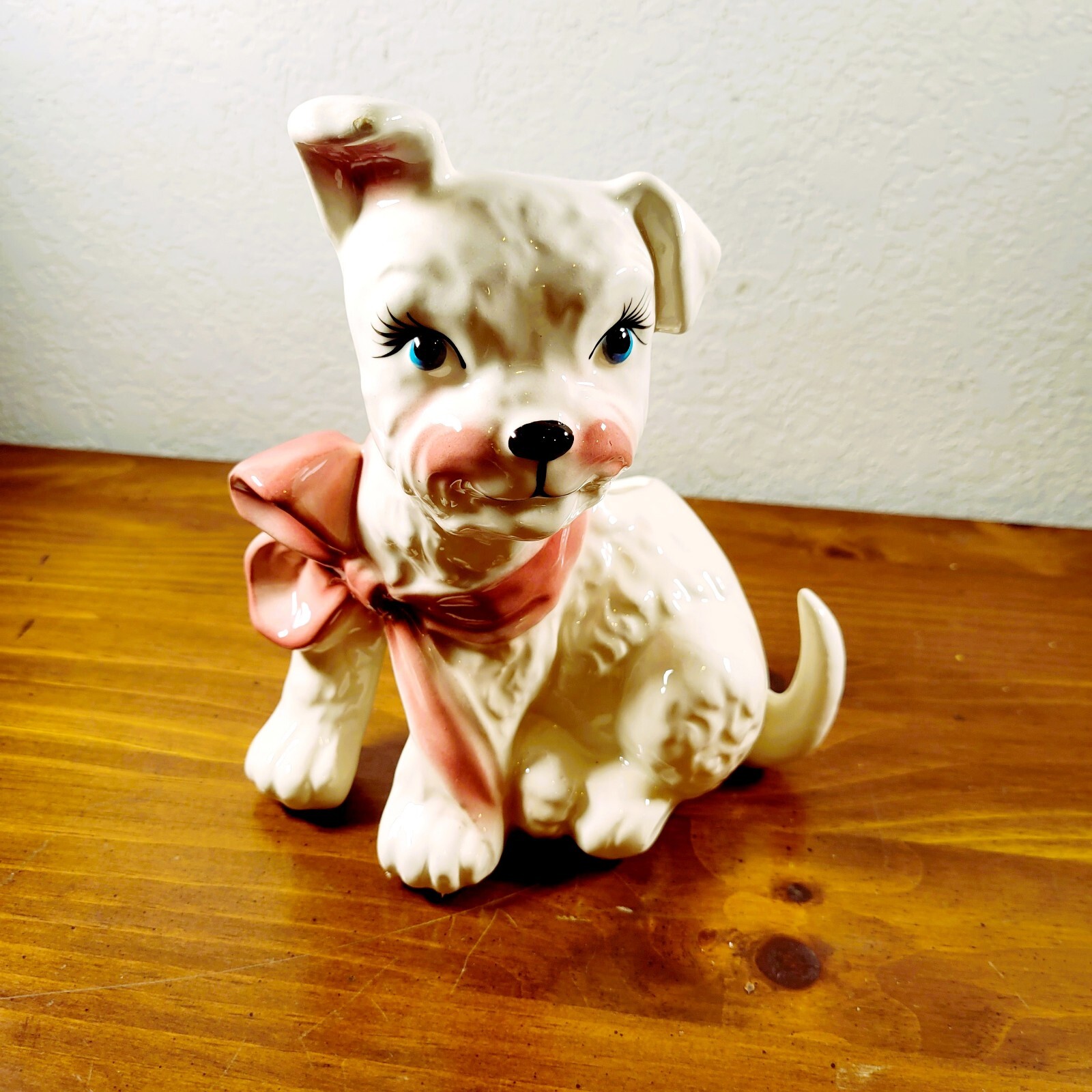 Dog Planter  With Eyelashes , Pink Cheeks & Pink Bow