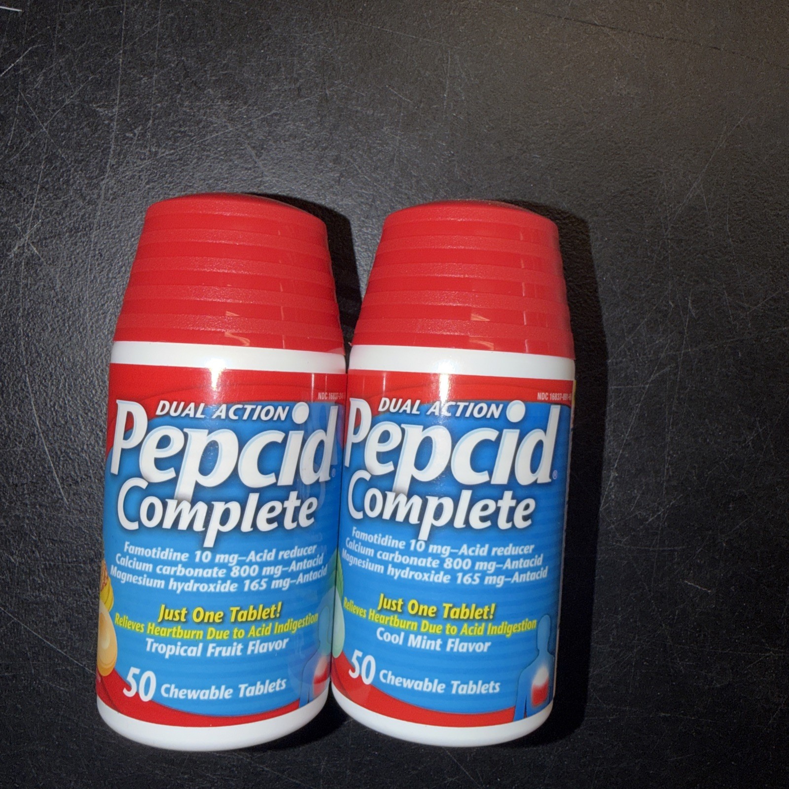 TWO Pepcid Com Chewable Antacid Tablets 100 Ct Total MINT & Tropical Exp 2027