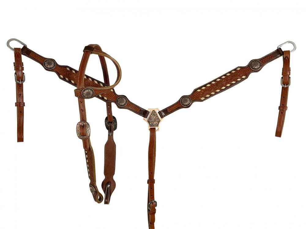 Tooled with White Buckstitch Accent One Ear Headstall & Breast Collar & Rein NEW