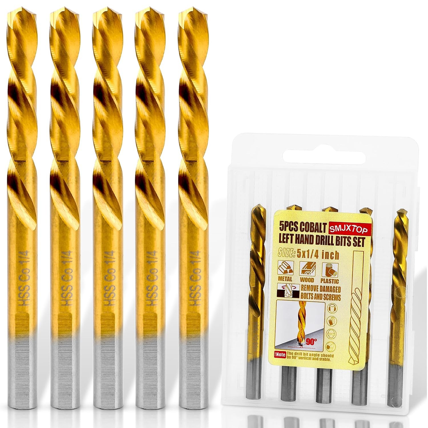 Set of 5PCS Left Hand Drill Bits 1/4" M35 Cobalt for Extracting Broken Stubs
