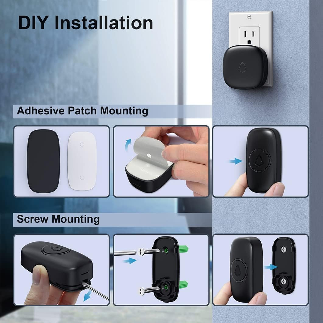 Wireless Doorbell with 2 Receivers 2 Push Buttons, Easy Installation, Adjustable
