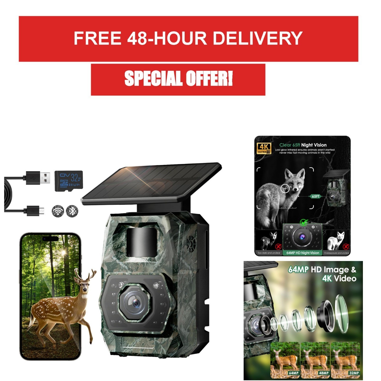 MAXDONE Solar Trail Camera 4K 64MP WiFi Bluetooth Night Vision Waterproof