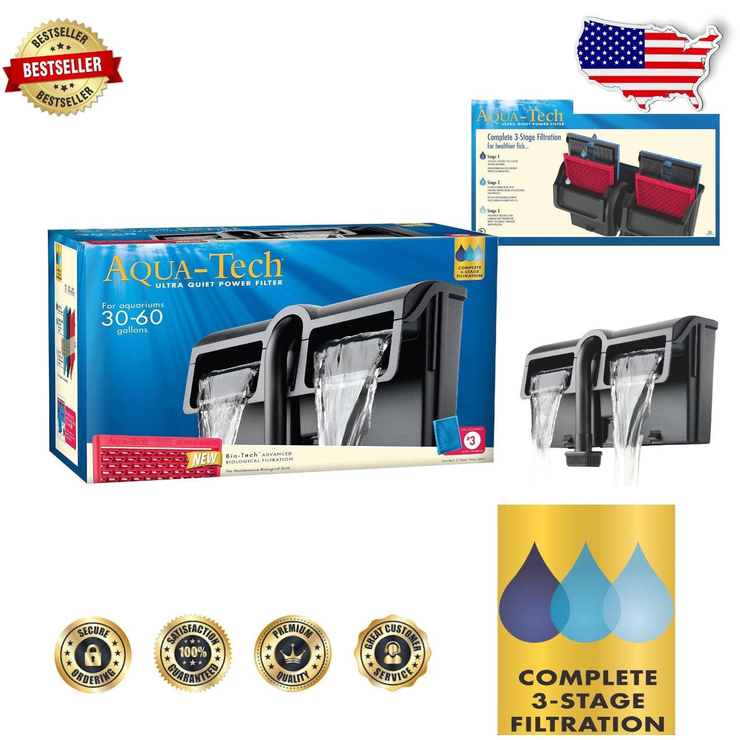 Aquarium Filter 30-60 Gal, 3-Step Filtration, -Tech Grid Included