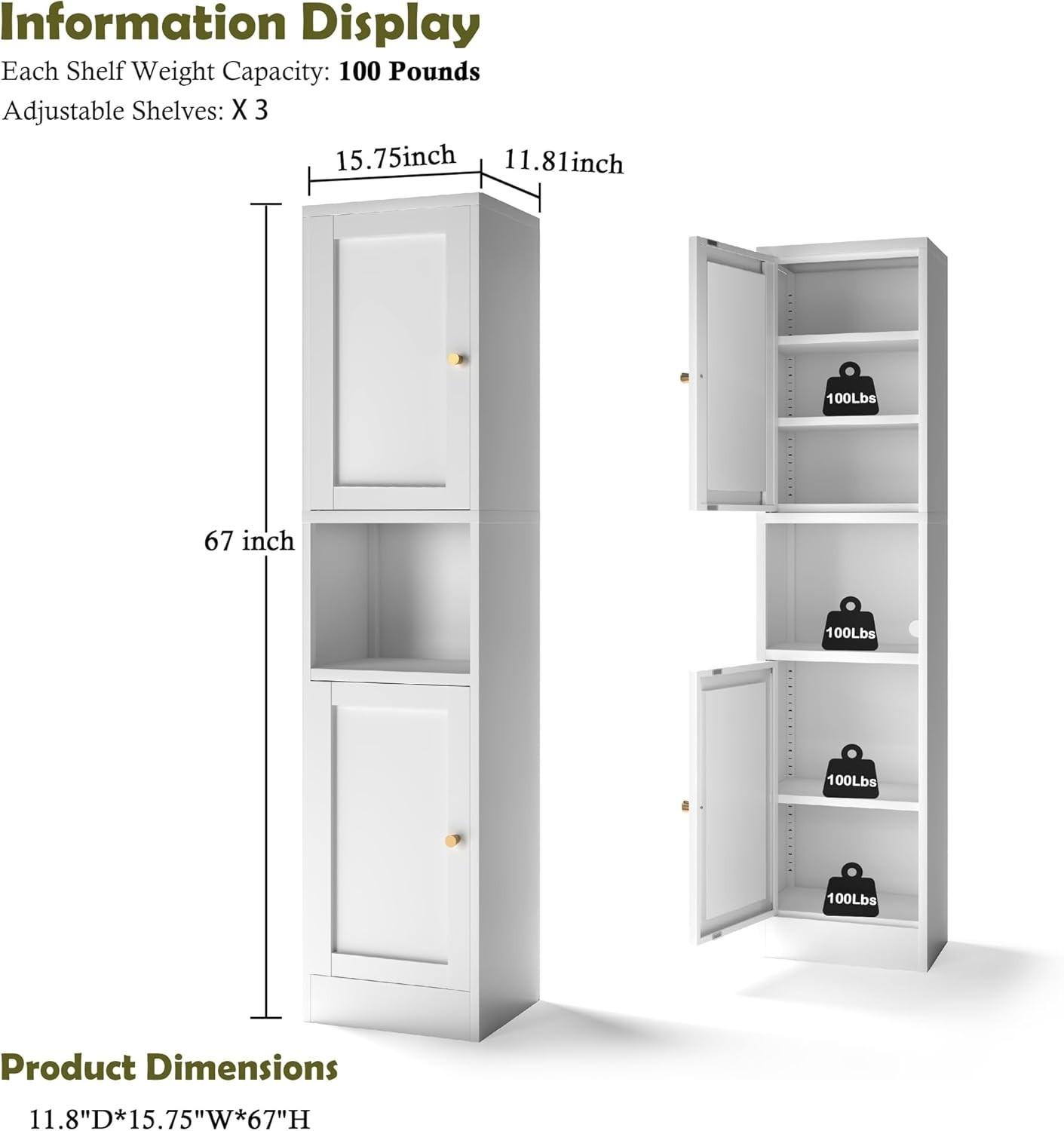 67" Metal Bathroom Storage Cabinet, Tall Storage Cabinet with Adjustable Shelves