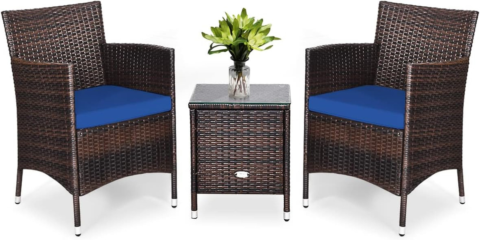 Navy 3-Piece Outdoor Wicker Conversation Set with Glass Table & Cushions