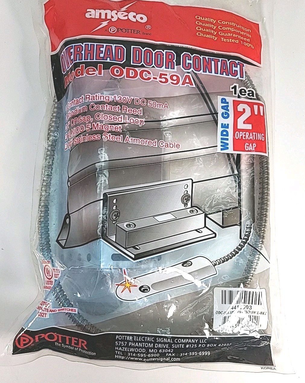 Potter Amseco ODC-59A Overhead Door Contact 2" Gap 36" Armored Cable Garage Door