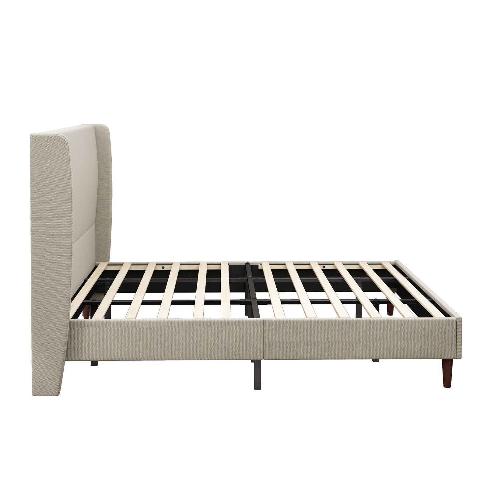 High Headboard Upholstered Bed,Beige, Linen Cloth, Platform Bed
