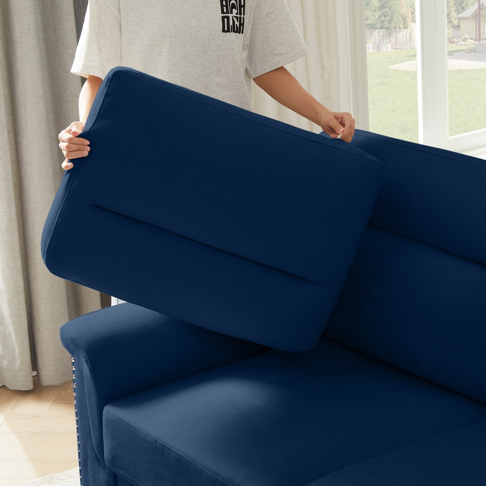 82" Blue Snowfleece Fabric 3-Seater Sofa w/ Rolled Arms for Living Room