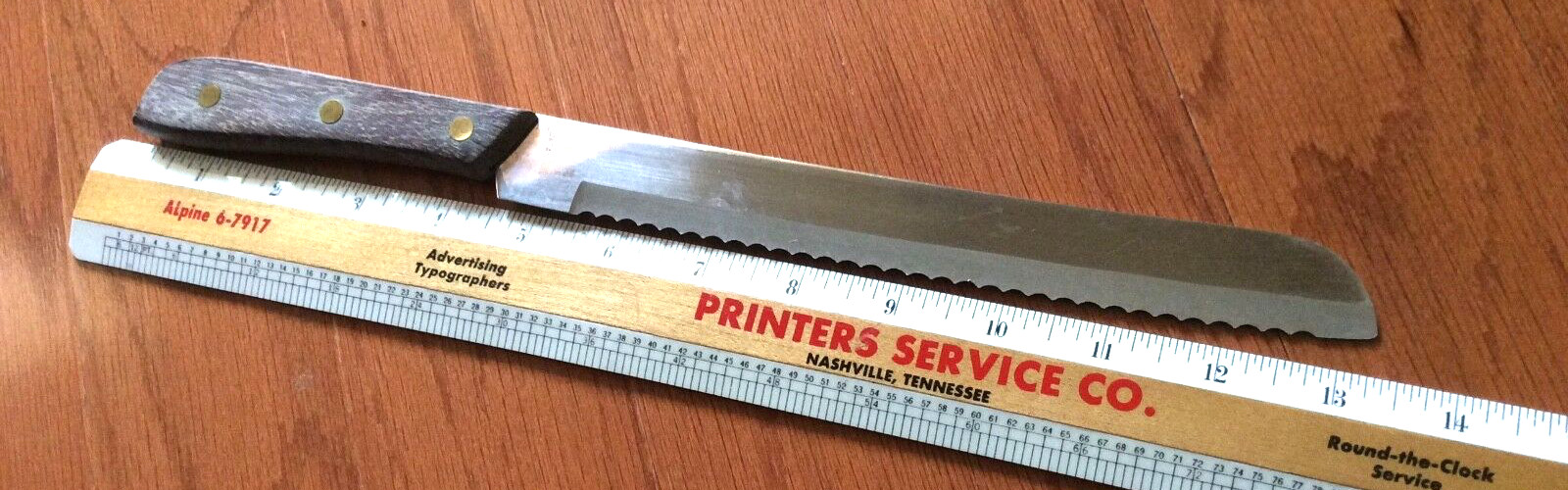 VTG Farmhouse rustic wood handle serrated stainless steel blade knife SZ 13.25”