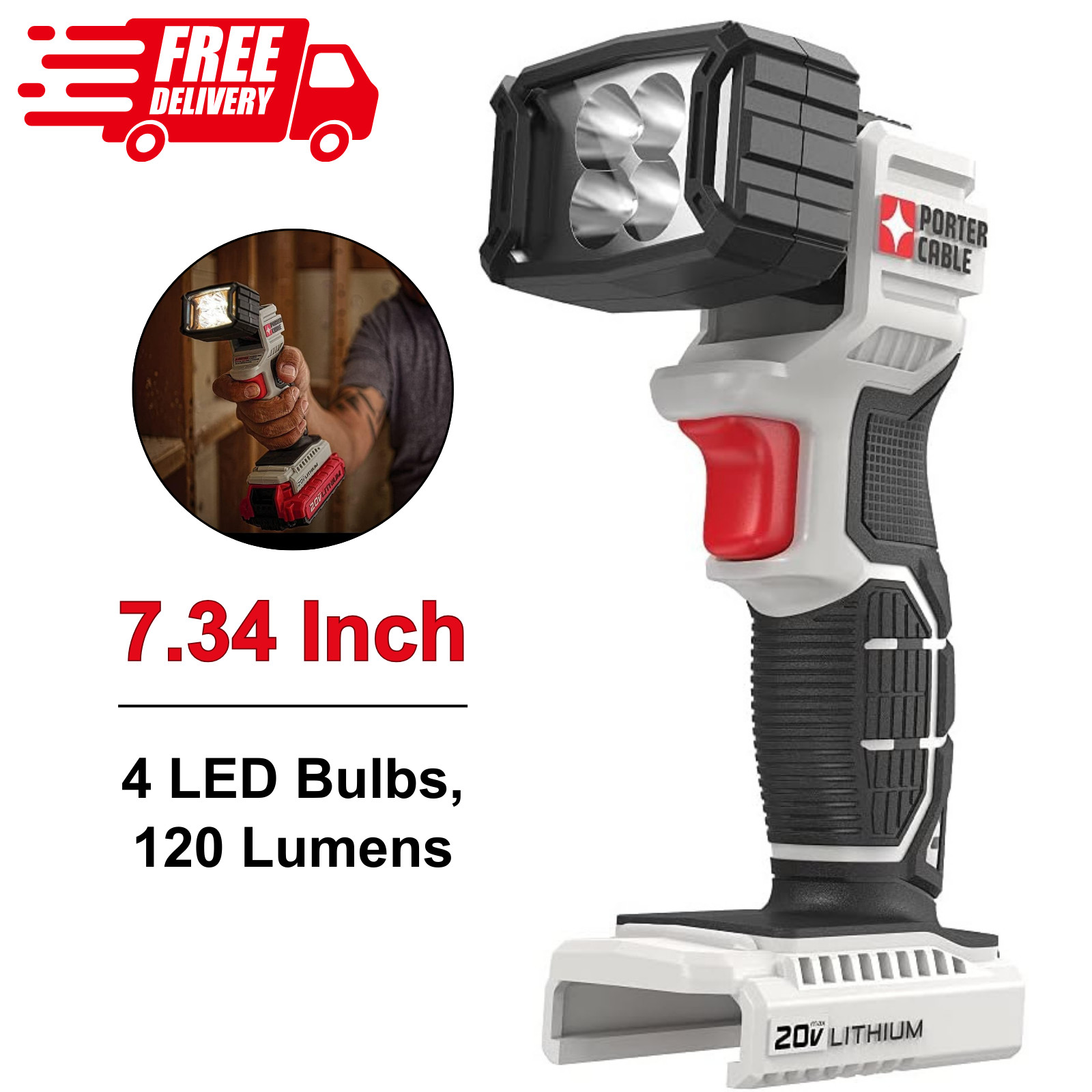20V MAX LED Work Light, 120 Lumens, Portable, Rechargeable Battery, 7.34 Inch