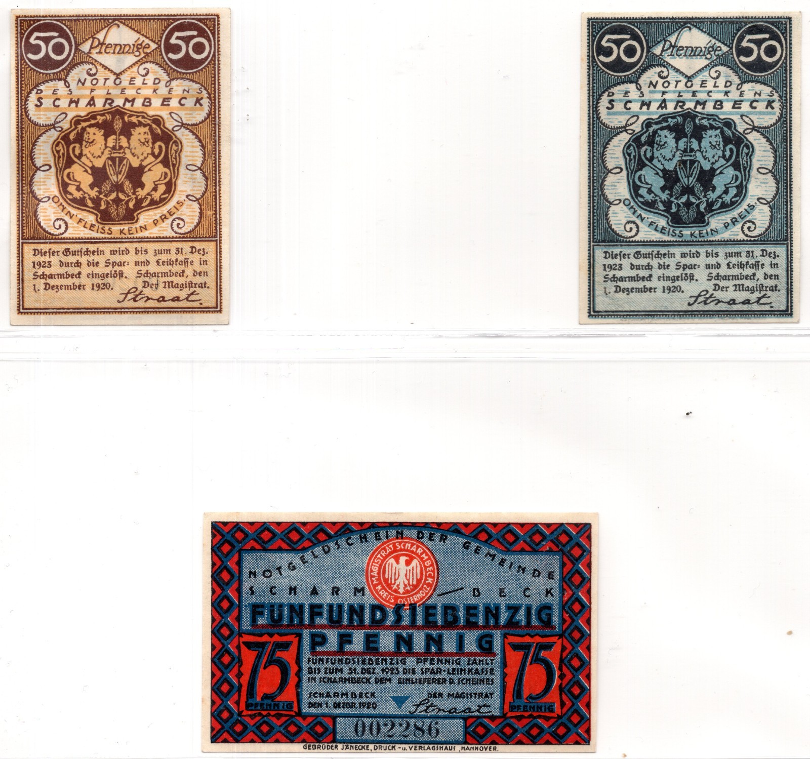 1920 Germany Scharmbeck Notgeld 3 Note Set (2050)