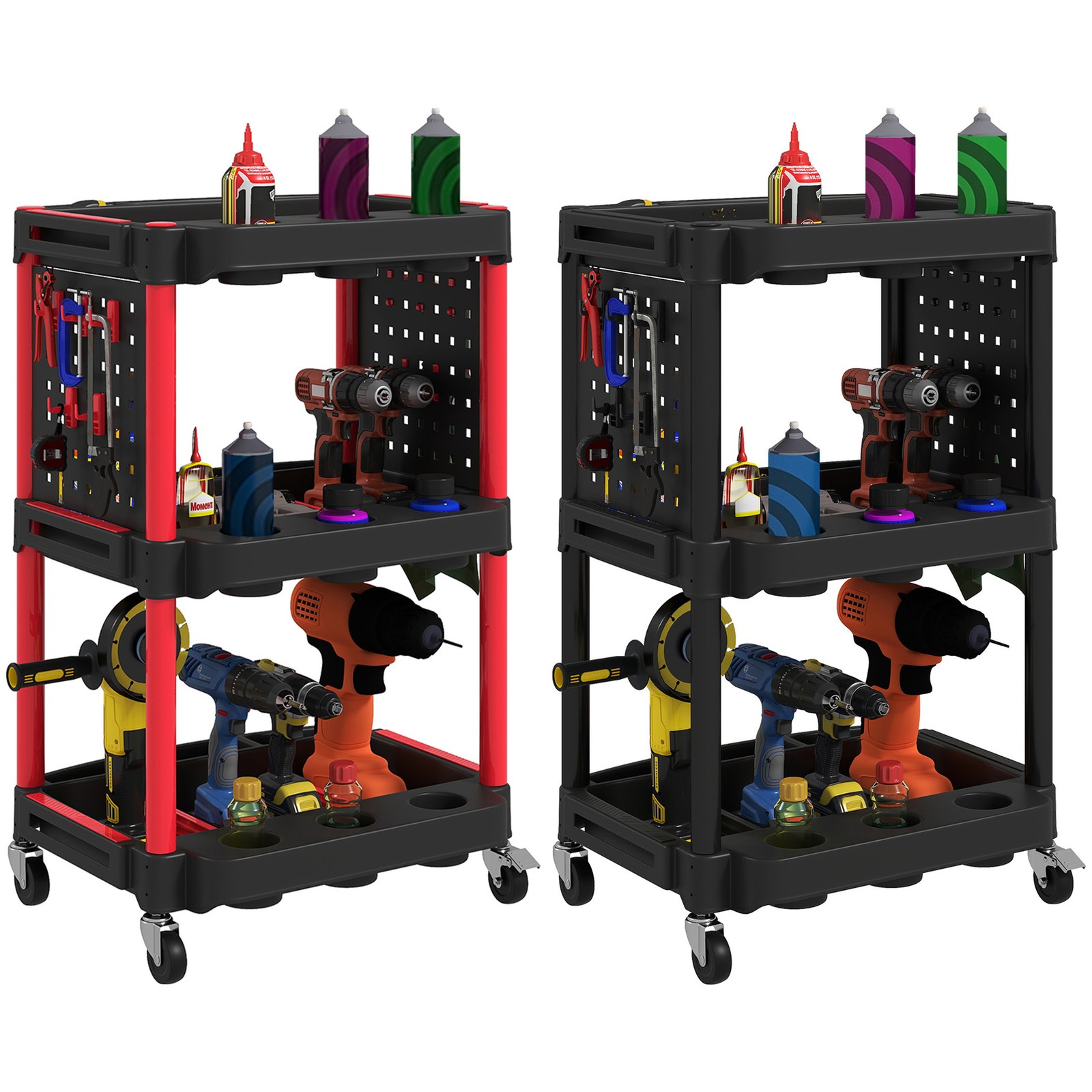HOMCOM 3-Tier Rolling Tool Cart on Wheels, Plastic Utility Cart