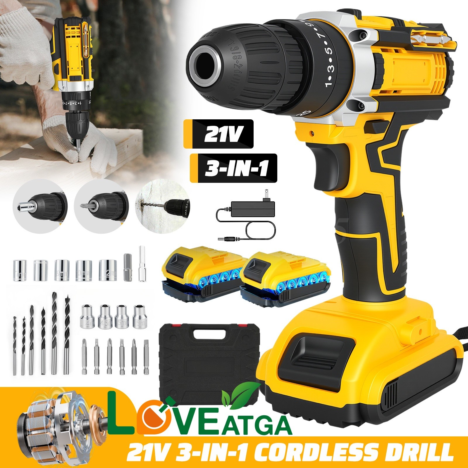 21V Cordless Impact Drill 3-in-1 Brushless Hammer Drill Combo Kit with 2 Battery